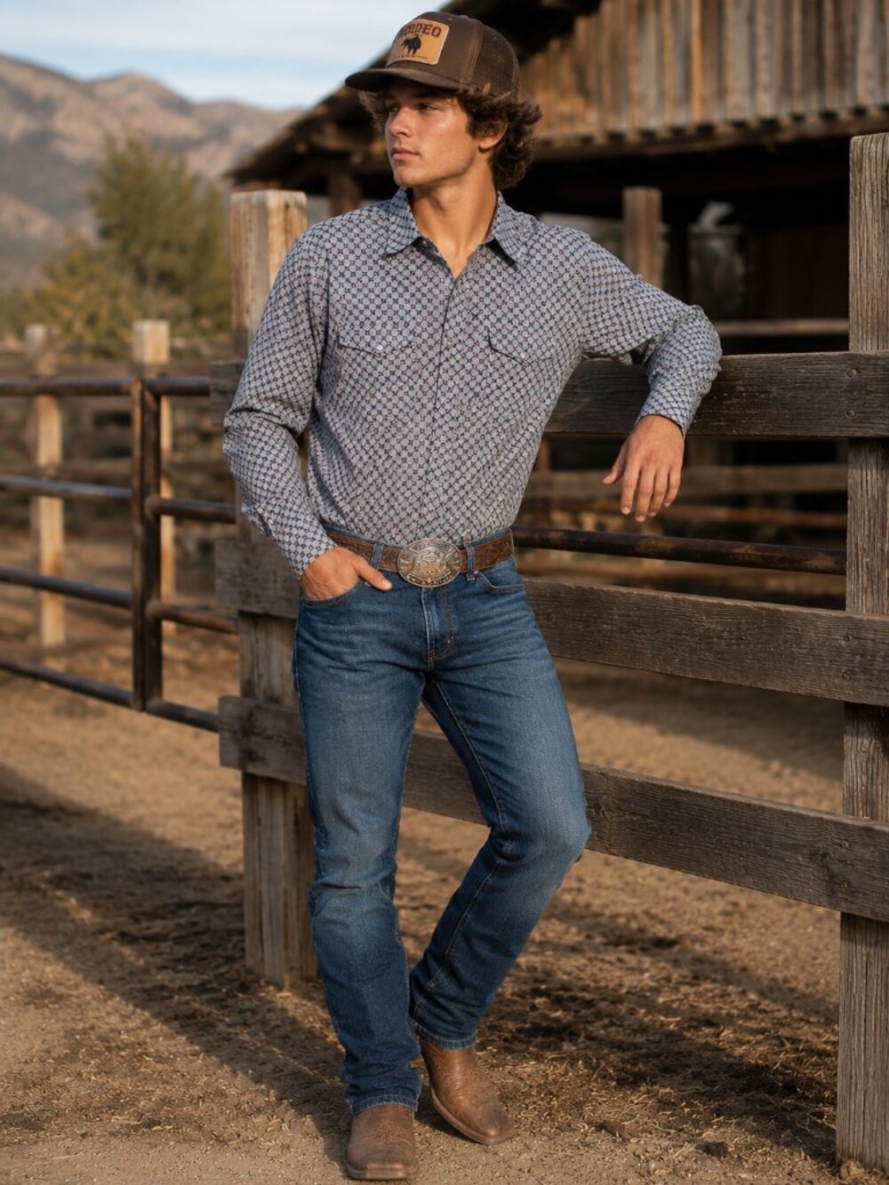 Rodeo Western Pearl Snap Button Up Shirt Blue Geometric Print Cowboy Rodeo